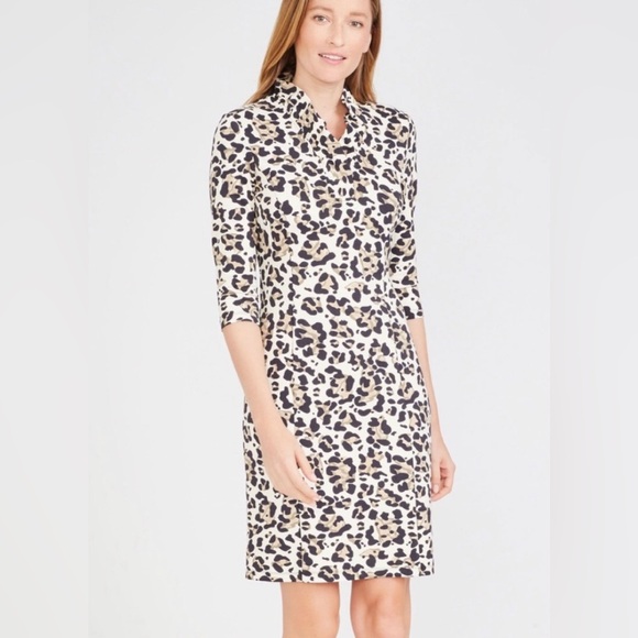 J McLaughlin Terin Sheath Dress Ruffle Neck Mozambique Animal Print Cream Sz XS - Picture 1 of 9